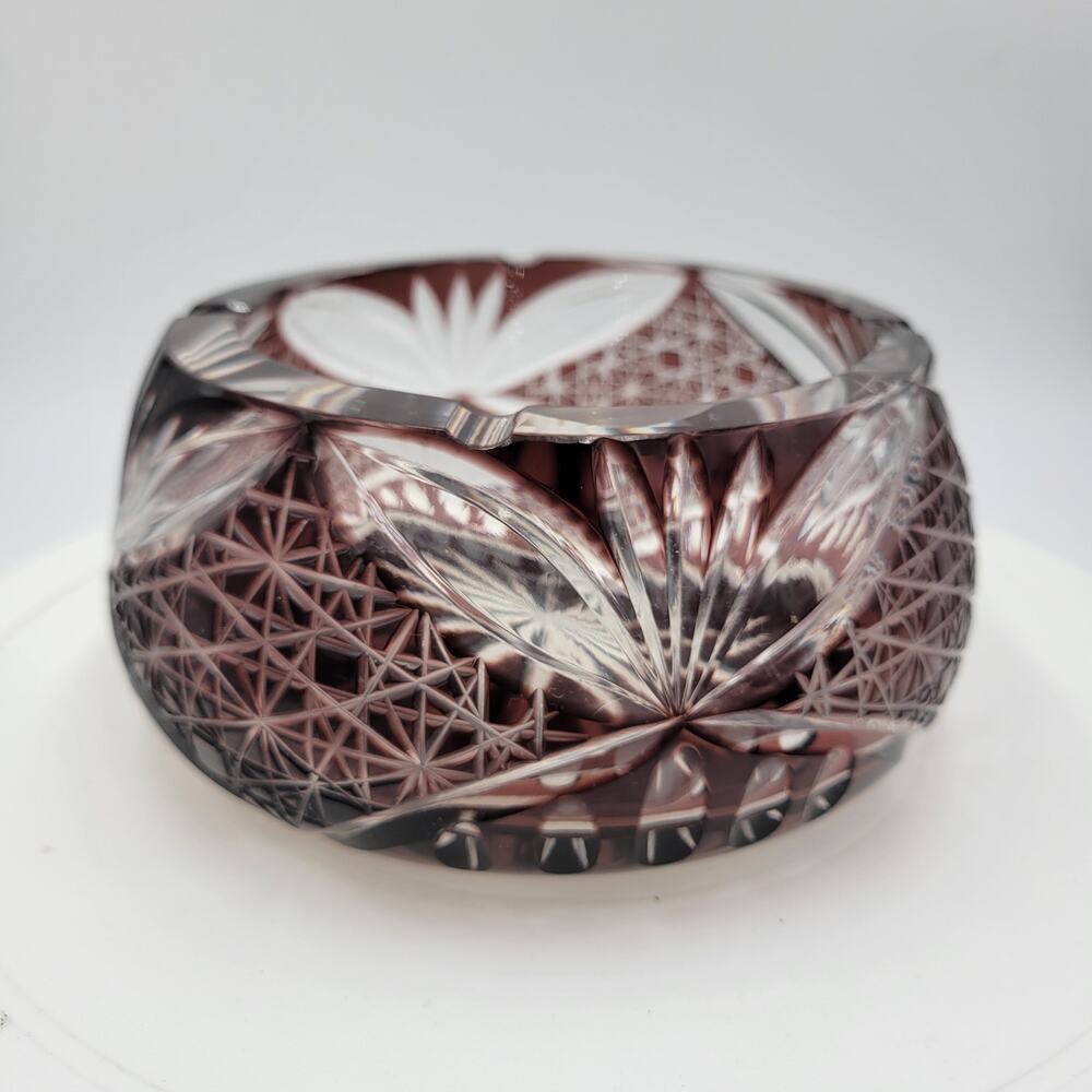 Bohemin Cut Crystal Glass Flower Bowl Ashtray Votive Holder Purple Home Decor